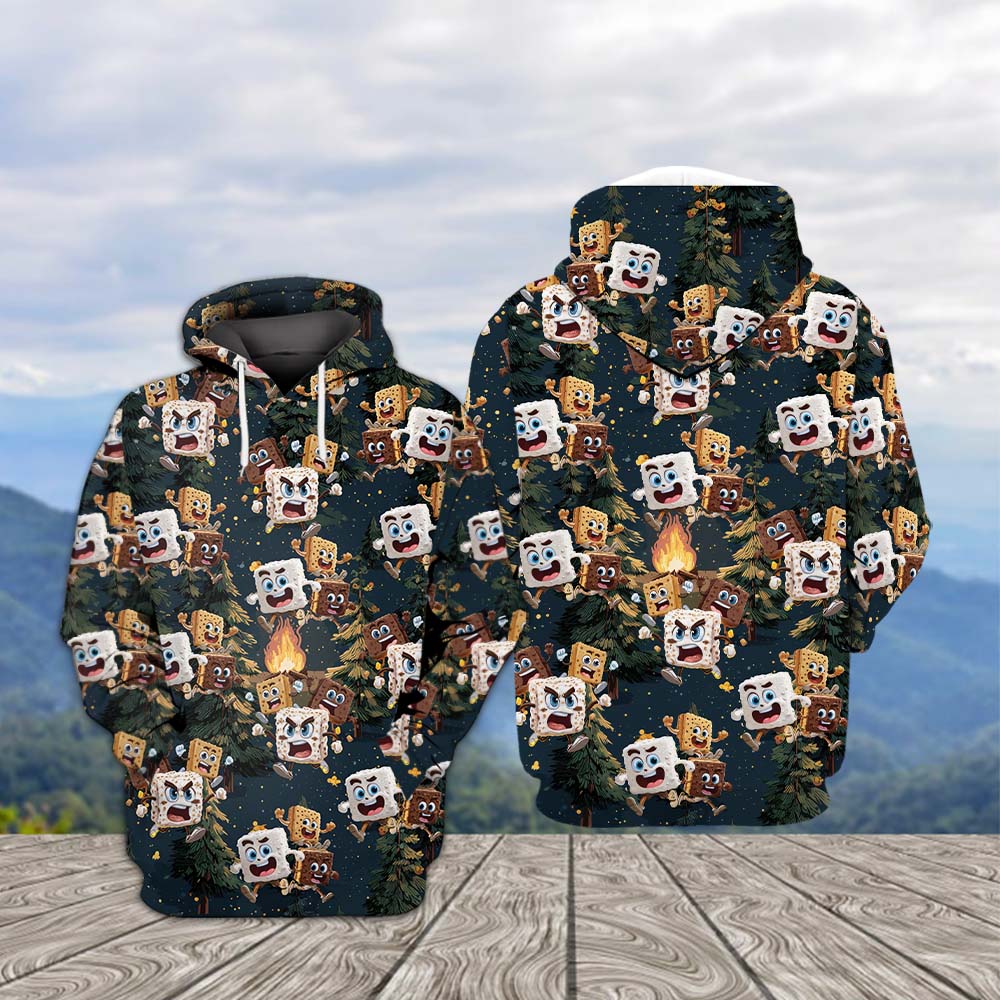 Chocolate and Cracker Chasing Marshmallow Camping All Over Print Shirt
