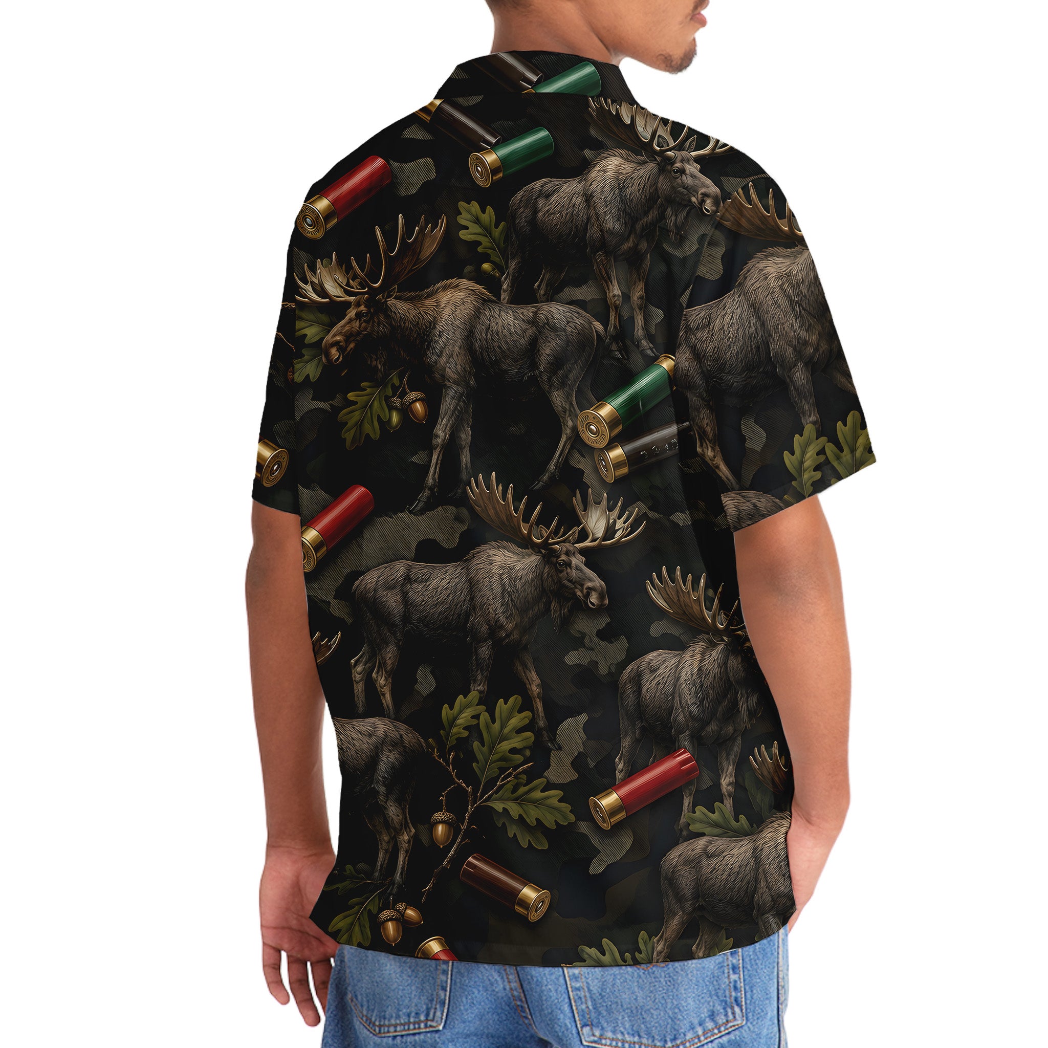 Vintage Moose Hunting Camouflage Black Hawaiian Shirt