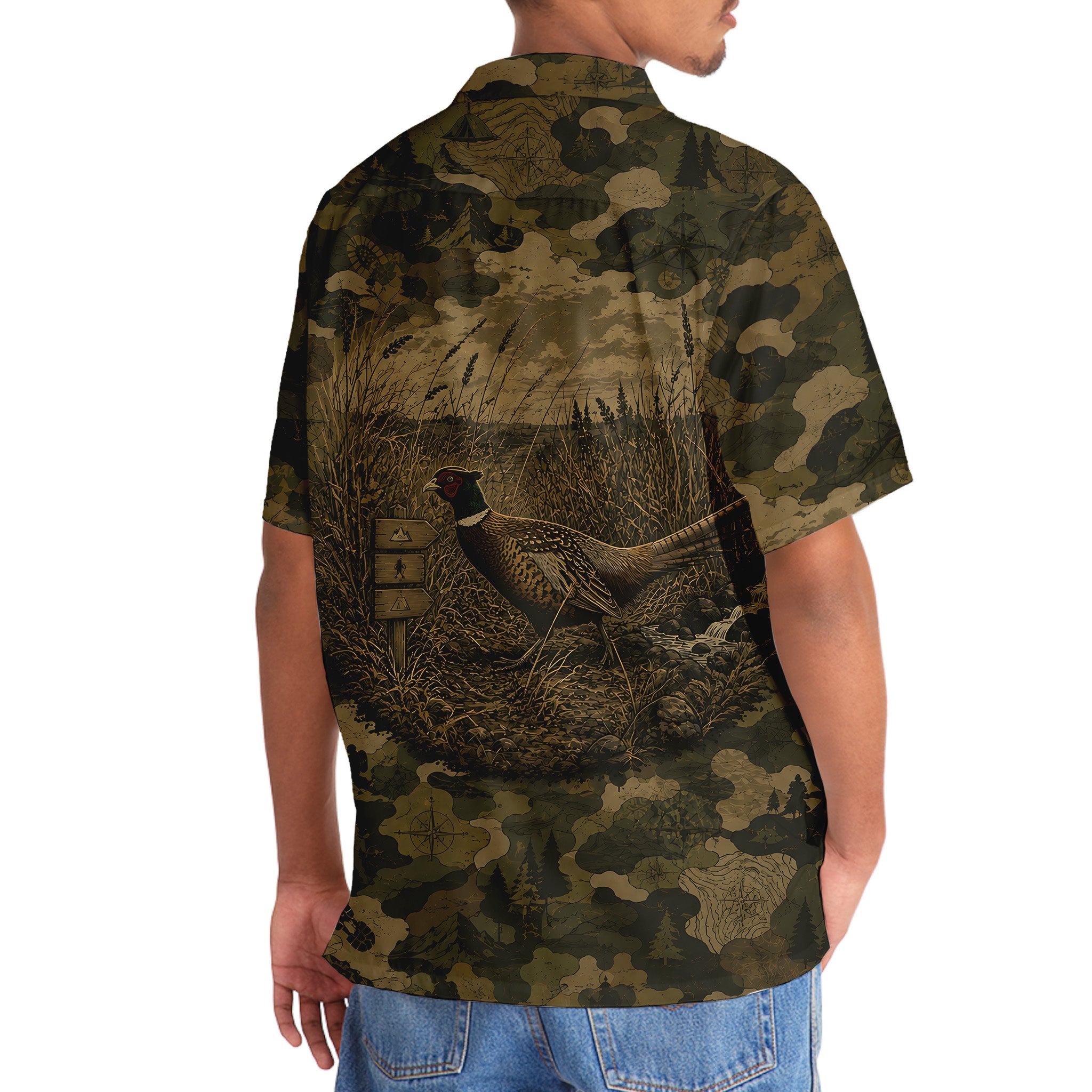 Pheasant Forest Camouflage Dark Hawaiian Shirt