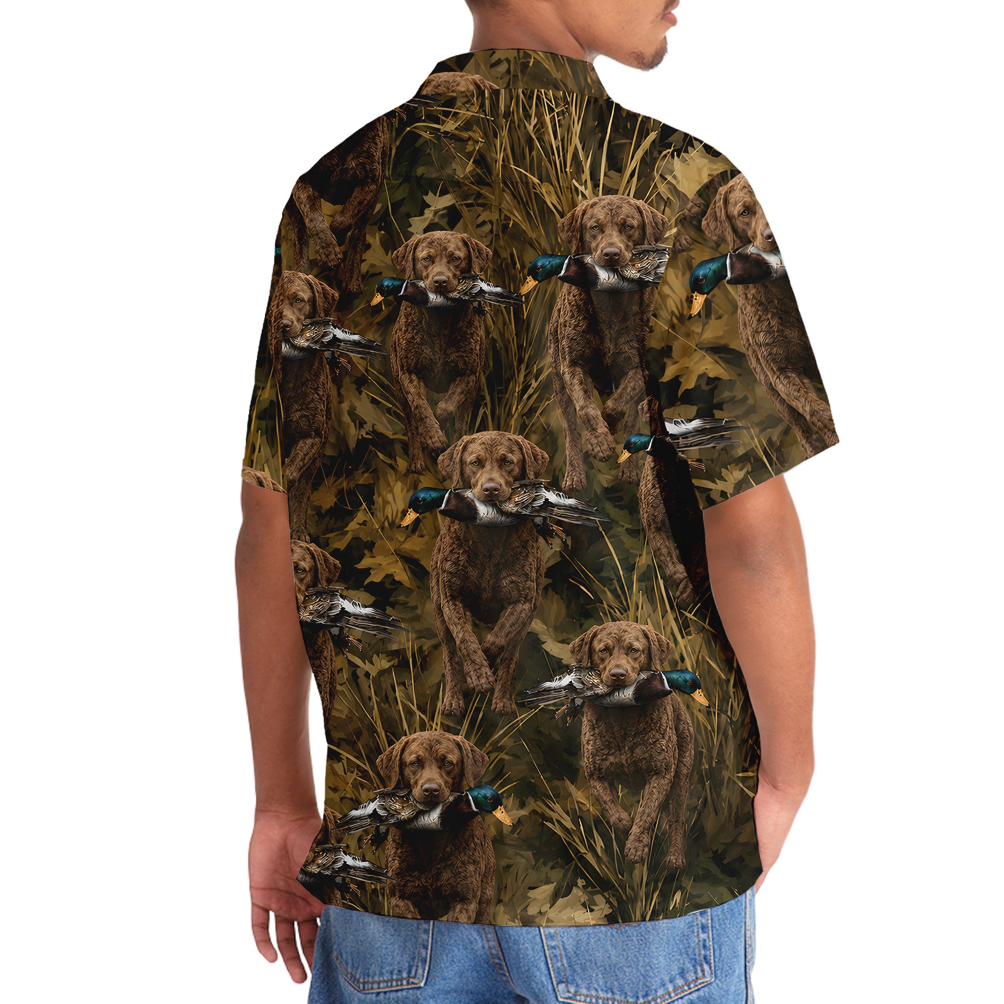 Camouflage Chesapeake Bay Retriever Running With Mallard Duck Hawaiian Shirt