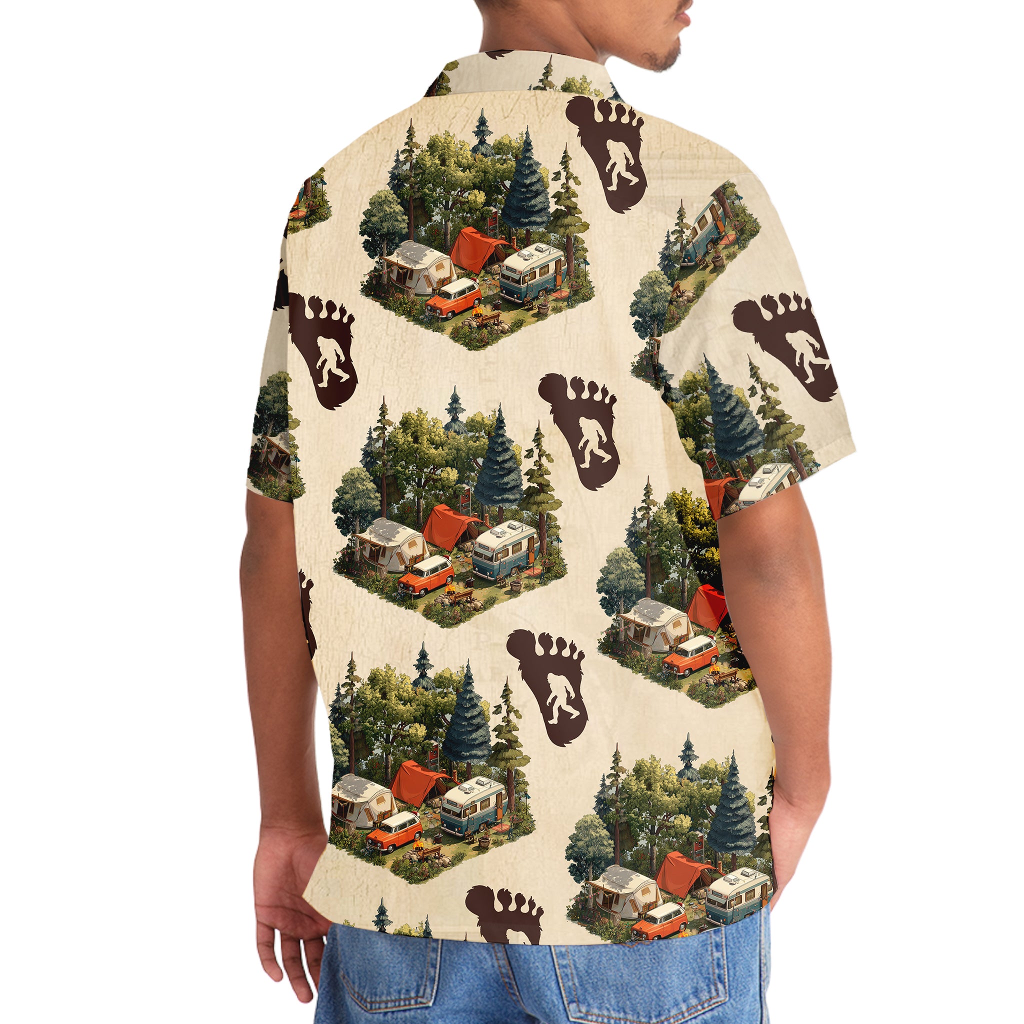 Retro Camping with Bigfoot Tracks Hawaiian Shirt