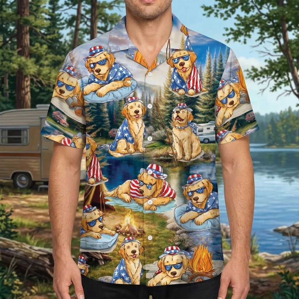 America Funny Golden Retriever Camping Hawaiian Shirt