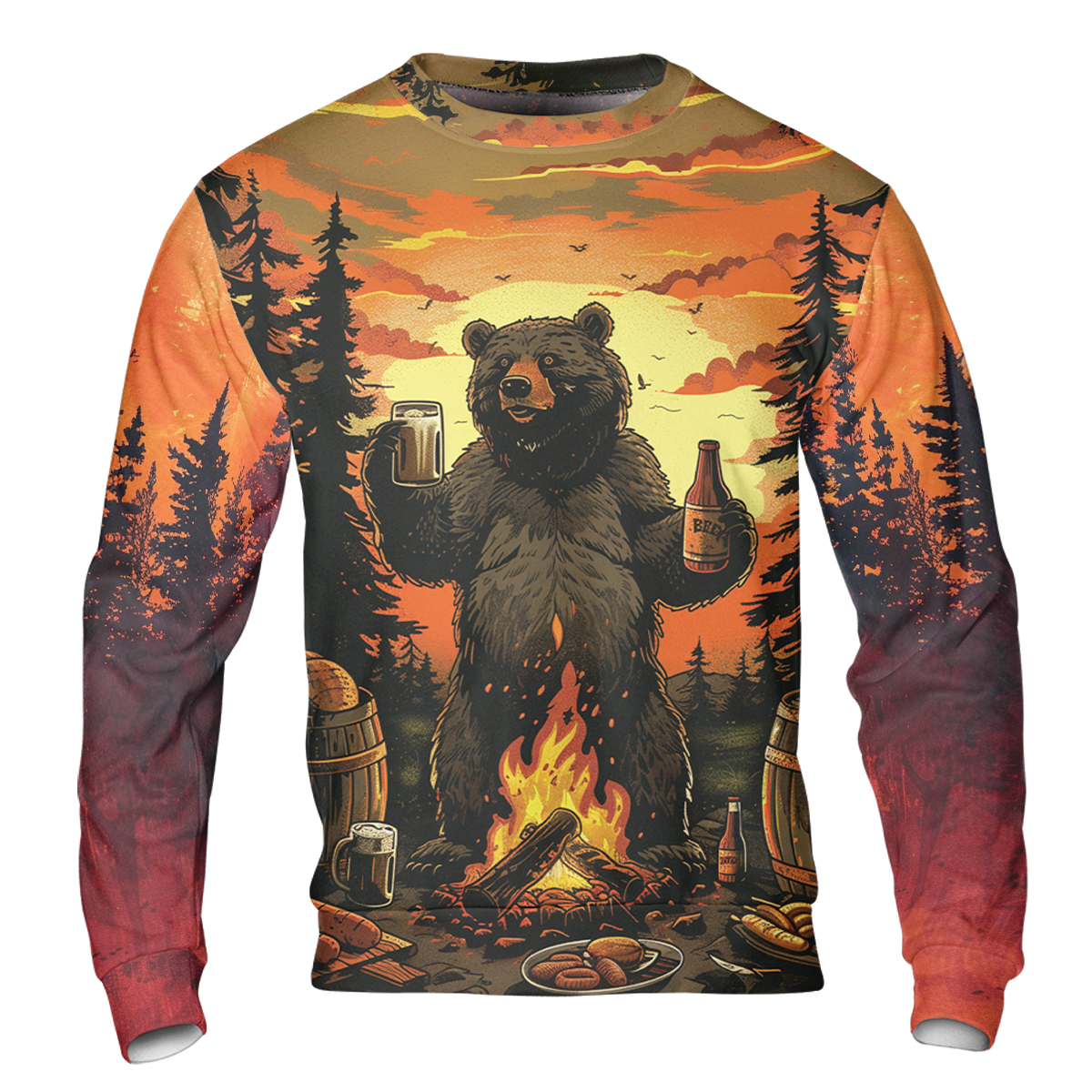 Funny Beer Bear Campfire All Over Print Shirt