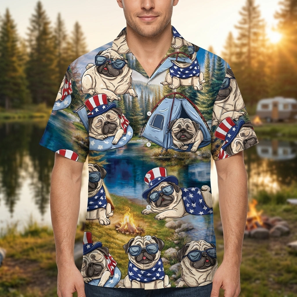 America Funny Pug Camping Hawaiian Shirt