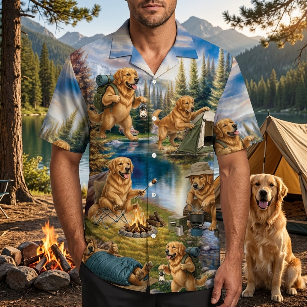 Golden Retriever Dog Funny Camping Hawaiian Shirt