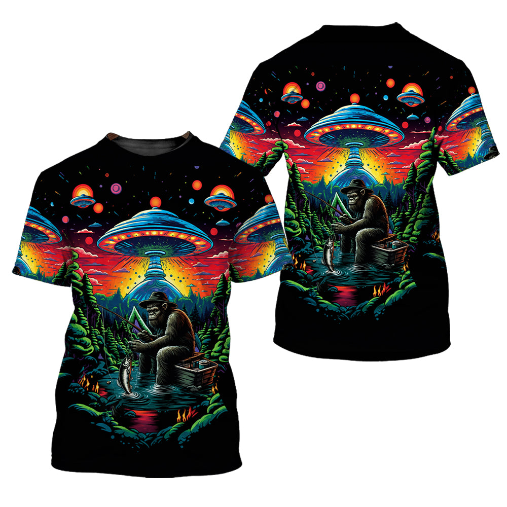Bassquatch Bigfoot Fishing Forest All Over Print Shirt