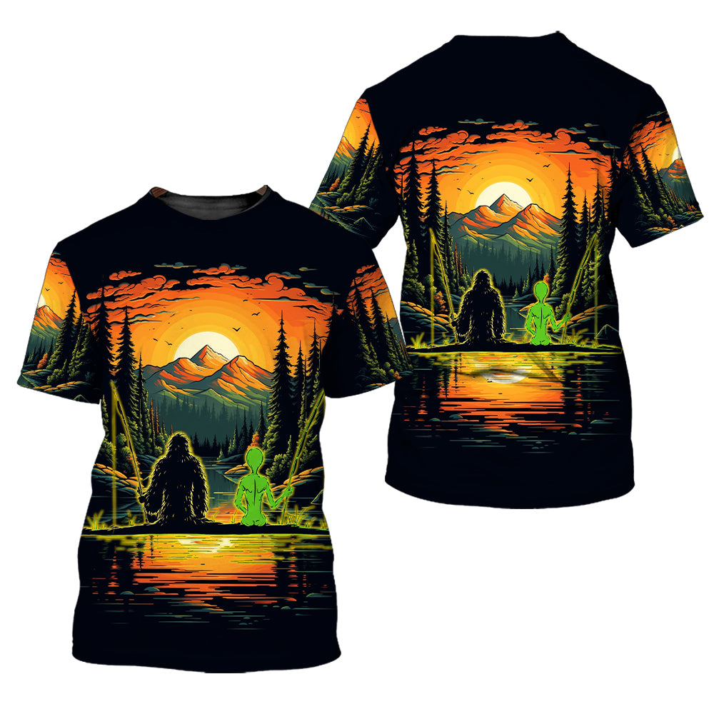 Bigfoot And Alien Fishing Night All Over Print Shirt