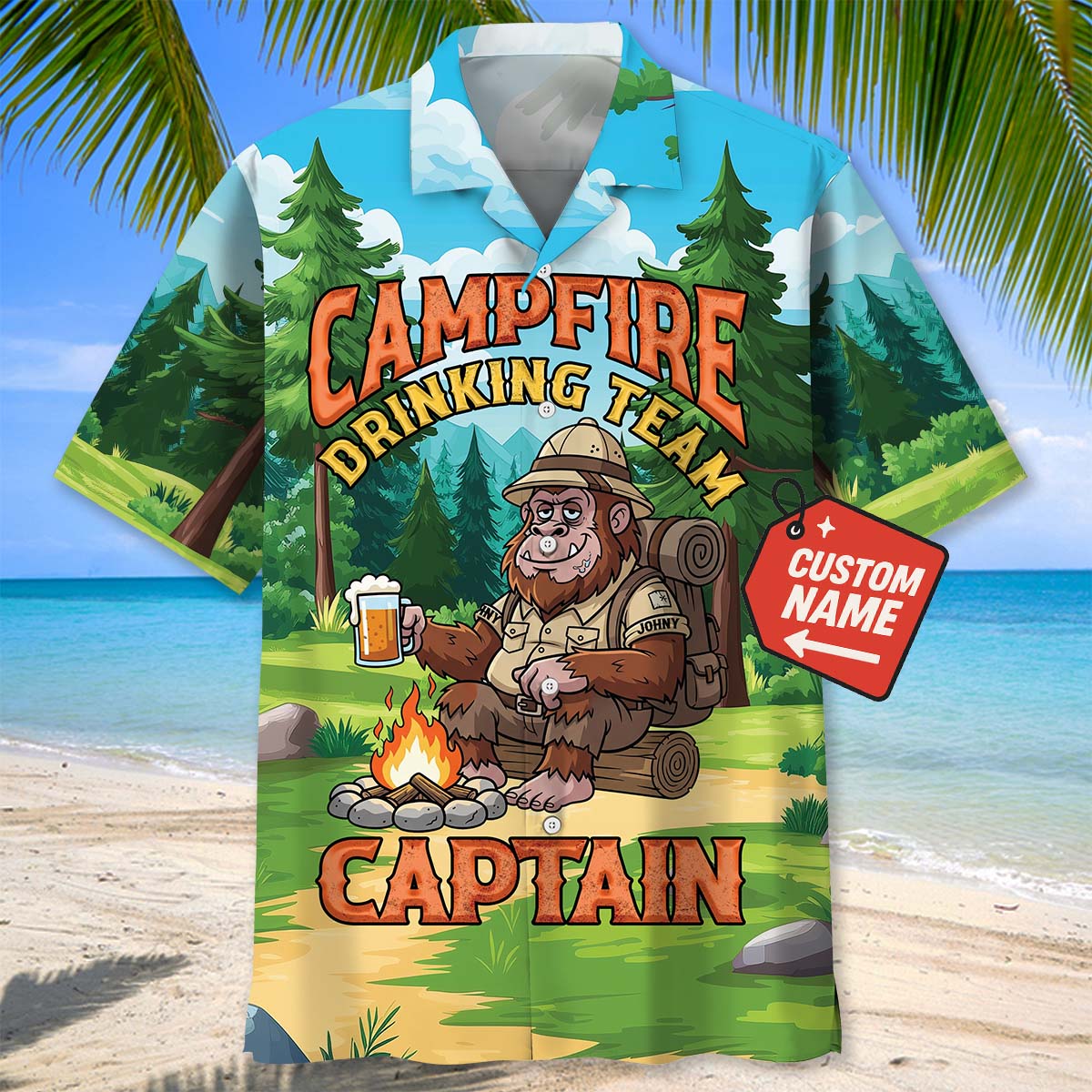 Custom Name Bigfoot Campfire Drinking Team Captain Hawaiian Shirt