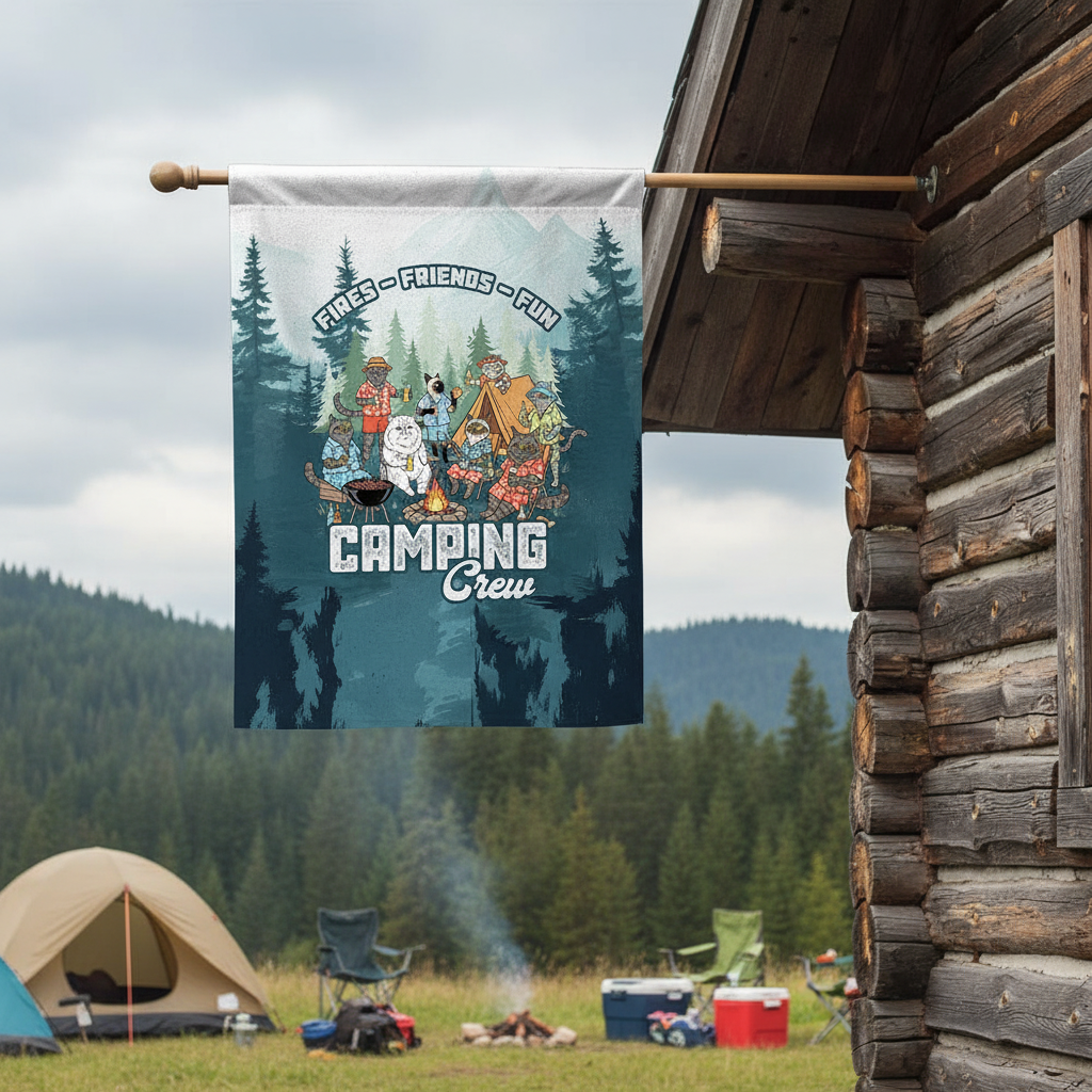 Friends, Fires, Fun Camping Crew Cats Flag Decor