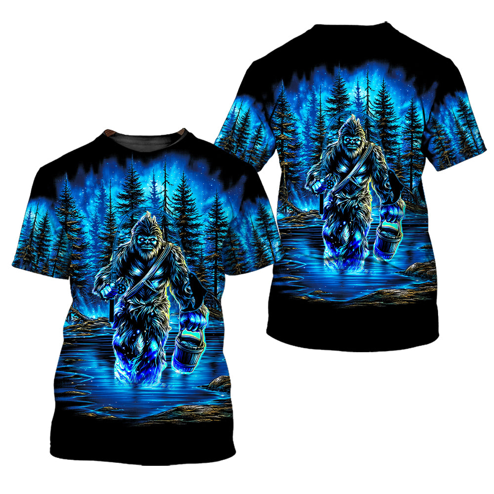 Bigfoot Fishing Blue Moon Light All Over Print Shirt