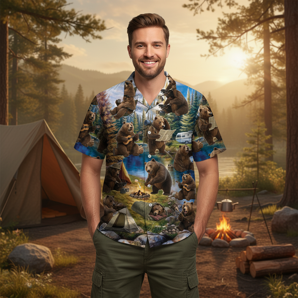 Funny Bear Camping Hawaiian Shirt