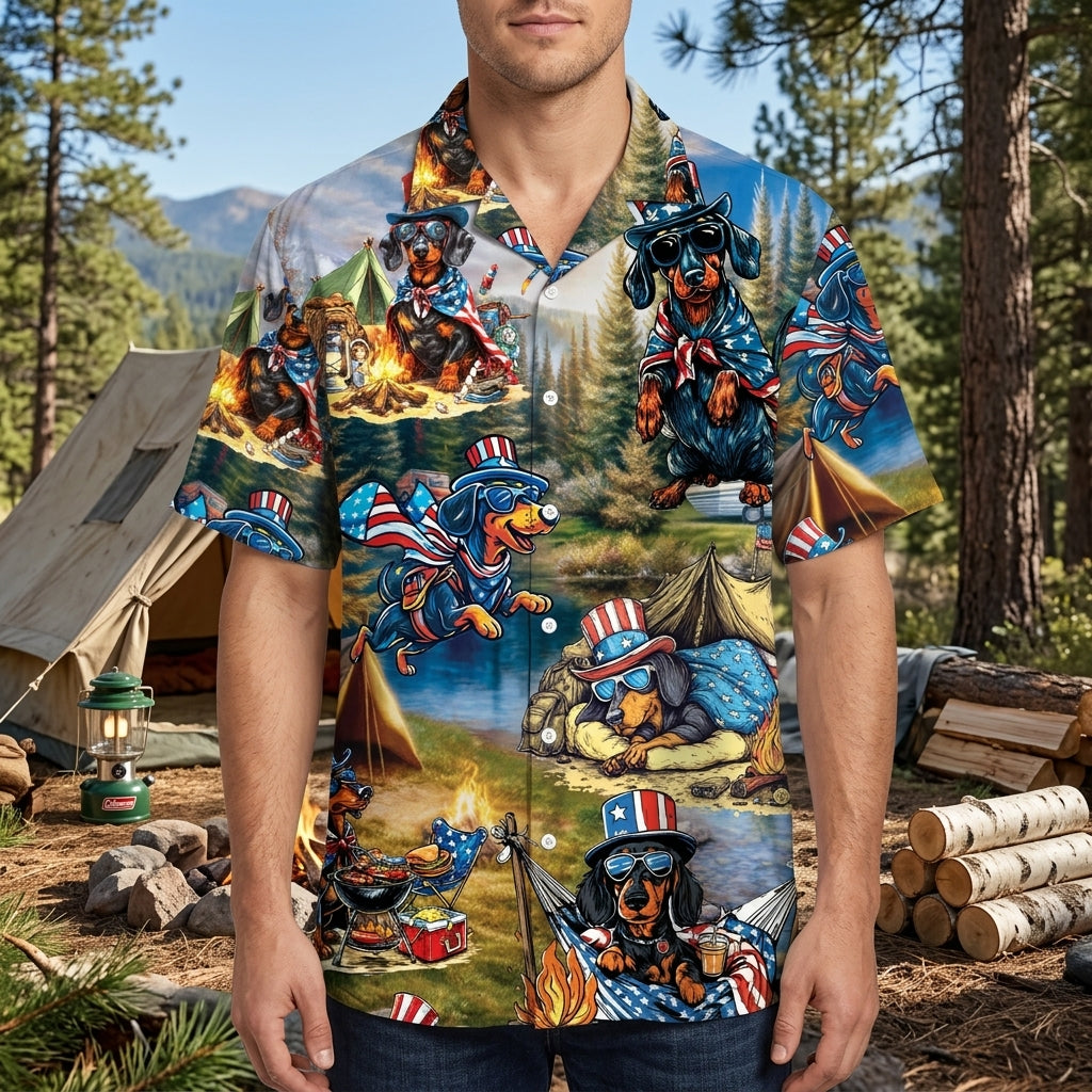 America Funny Dachshund Camping Hawaiian Shirt