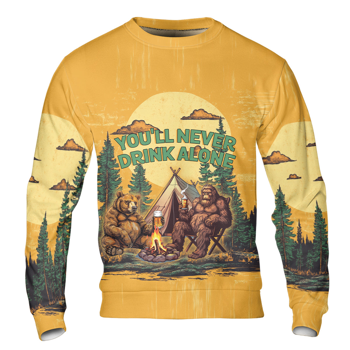 Bigfoot and Bear You'll Never Drink Alone All Over Print Shirt