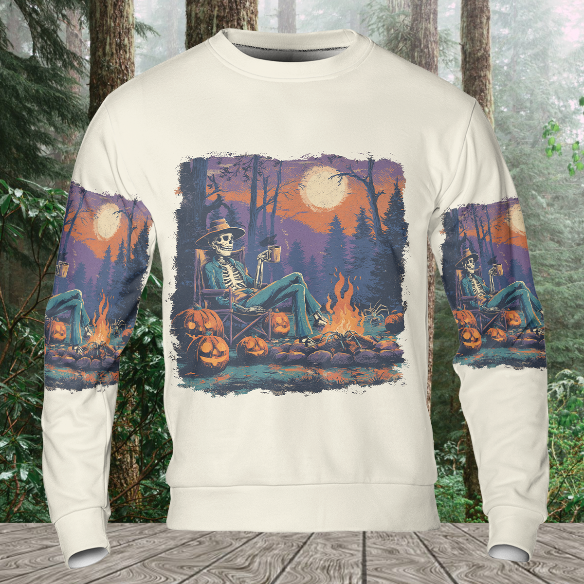 Chilling Skeleton by the Campfire Vintage Halloween All Over Print Shirt