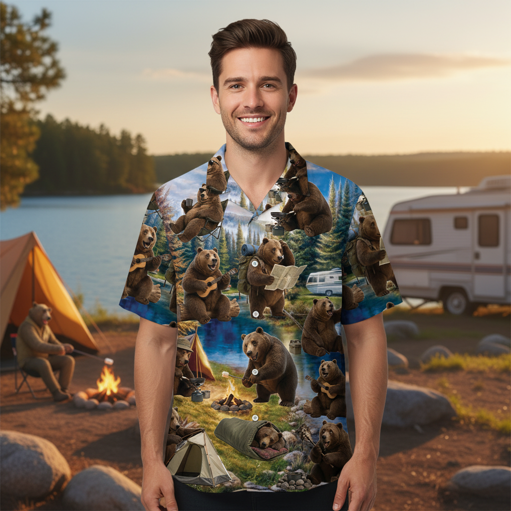 Funny Bear Camping Hawaiian Shirt
