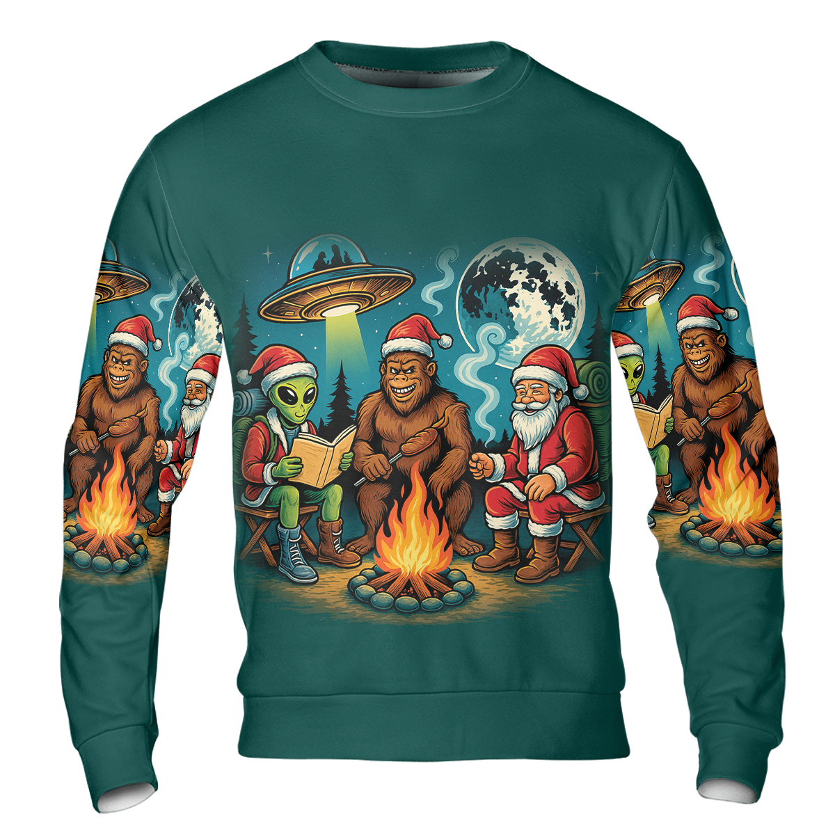 Funny Bigfoot Alien And Santa Making Memories One Campfire At A Time All Over Print Shirt