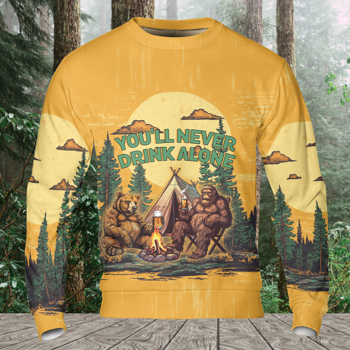 Bigfoot and Bear You'll Never Drink Alone All Over Print Shirt