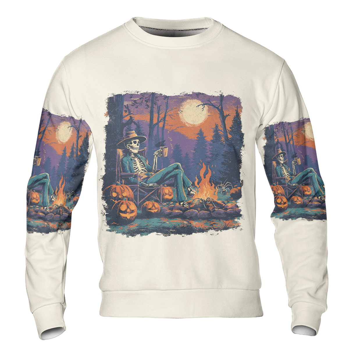 Chilling Skeleton by the Campfire Vintage Halloween All Over Print Shirt