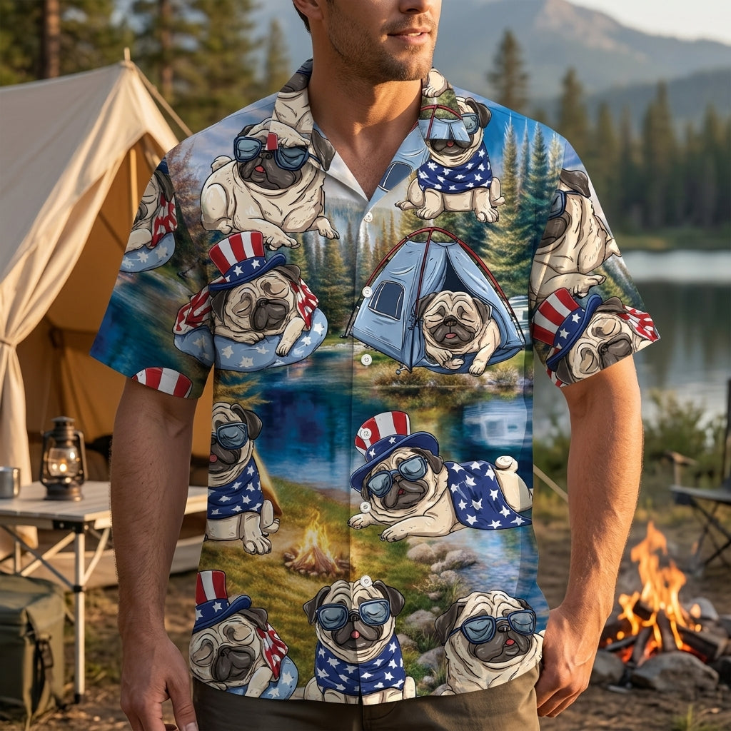 America Funny Pug Camping Hawaiian Shirt