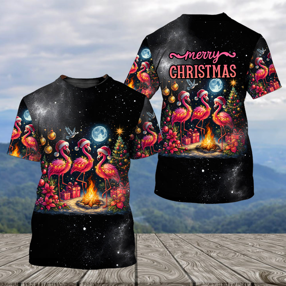 Merry Christmas Flamingo Camping All Over Print Shirt