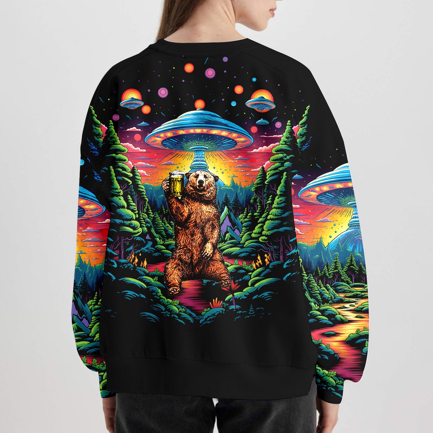 Bear Alien Night Drinking All Over Print Shirt