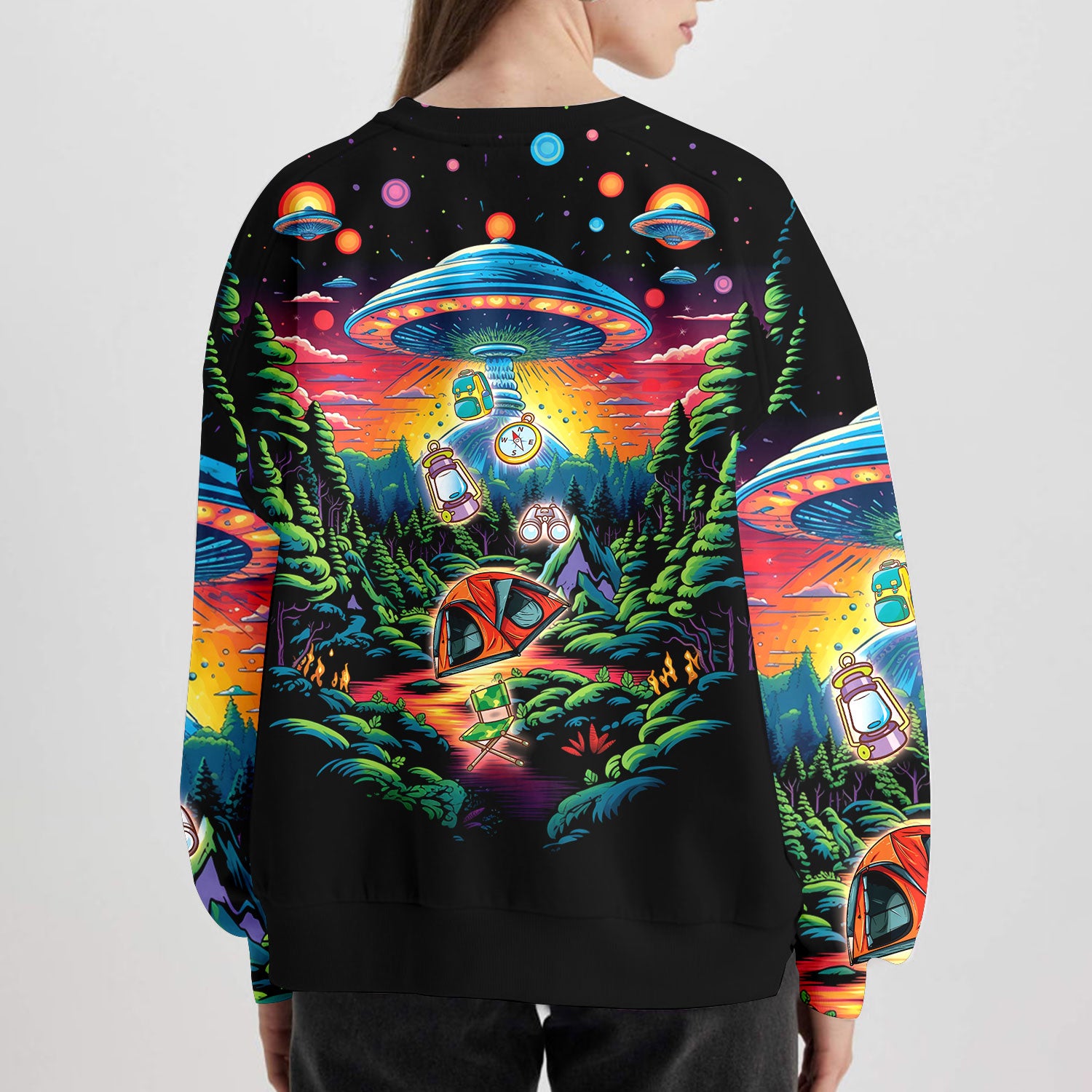 Alien UFO Abduction On Camping Site Night All Over Print Shirt