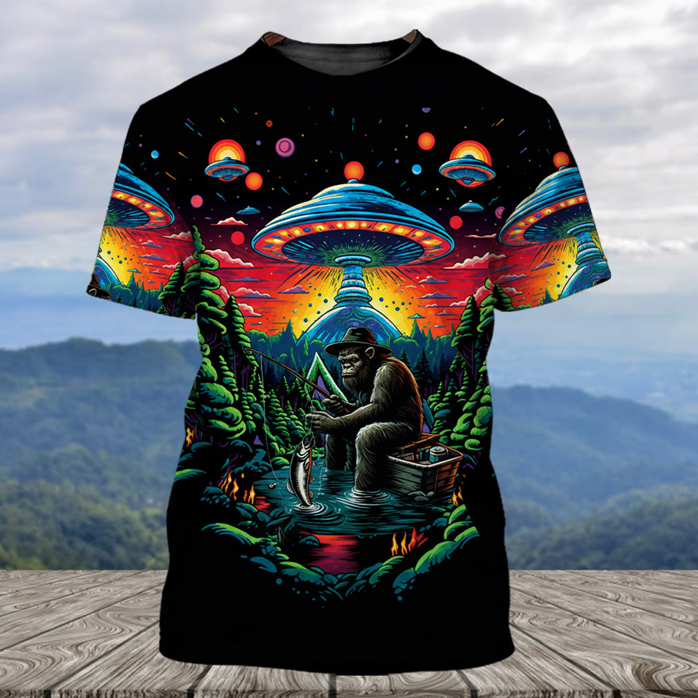 Bassquatch Bigfoot Fishing Forest All Over Print Shirt
