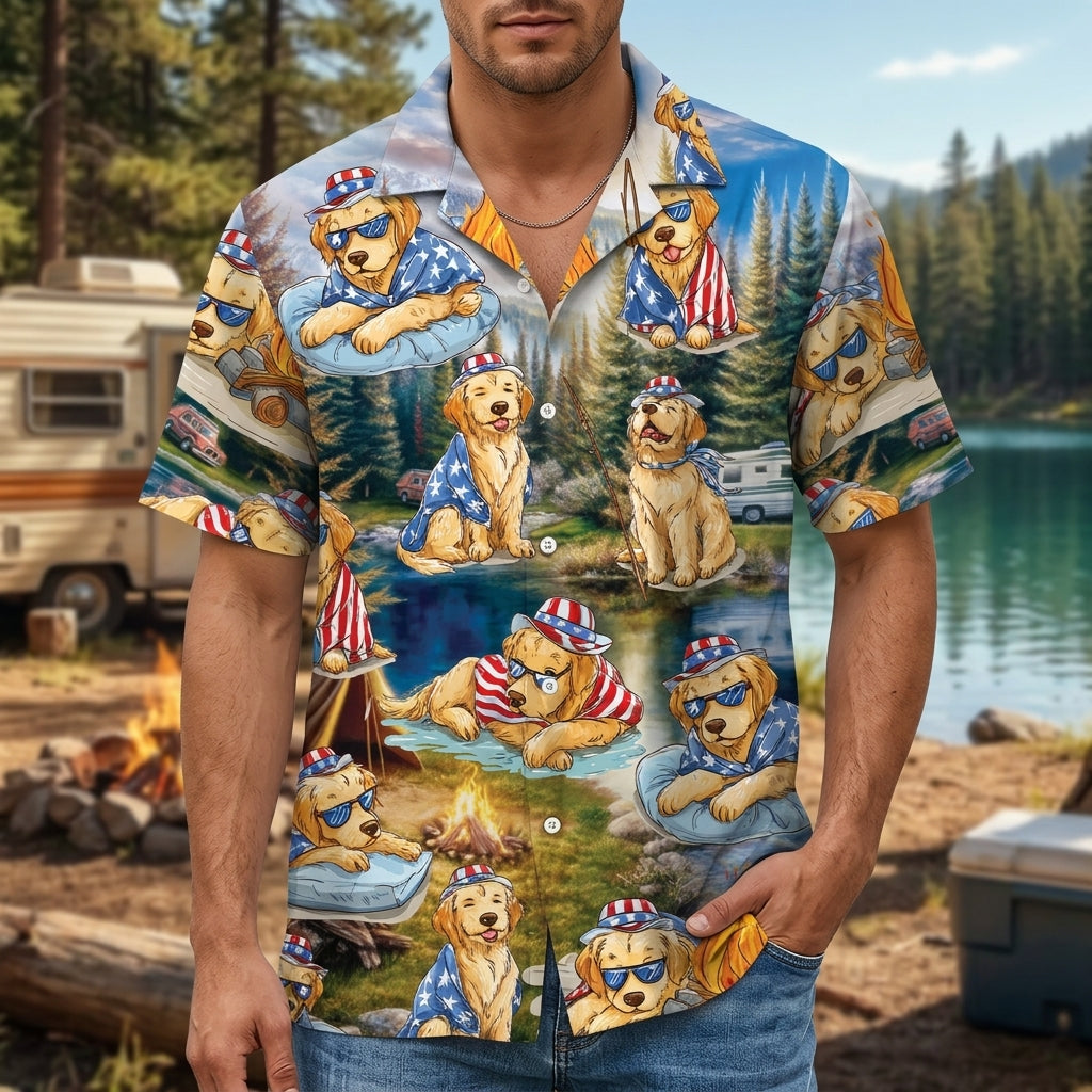 America Funny Golden Retriever Camping Hawaiian Shirt