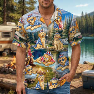 America Funny Golden Retriever Camping Hawaiian Shirt