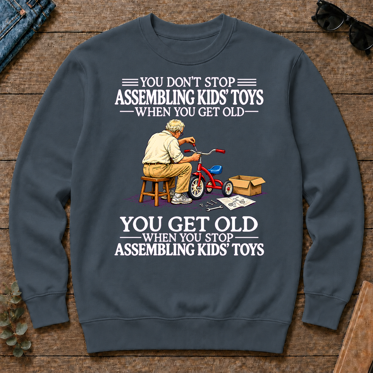 Old Man Don't Stop Assembling Kids Toys - dark-heather - CS2D-DarkHeather