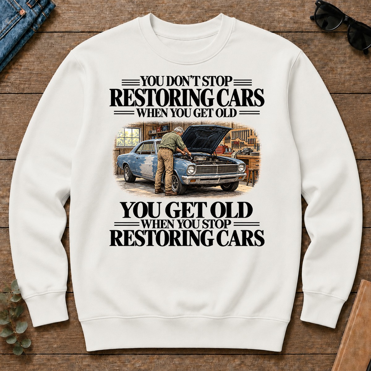 Don't Stop Restoring Cars Vintage Art - white - CS2D-White