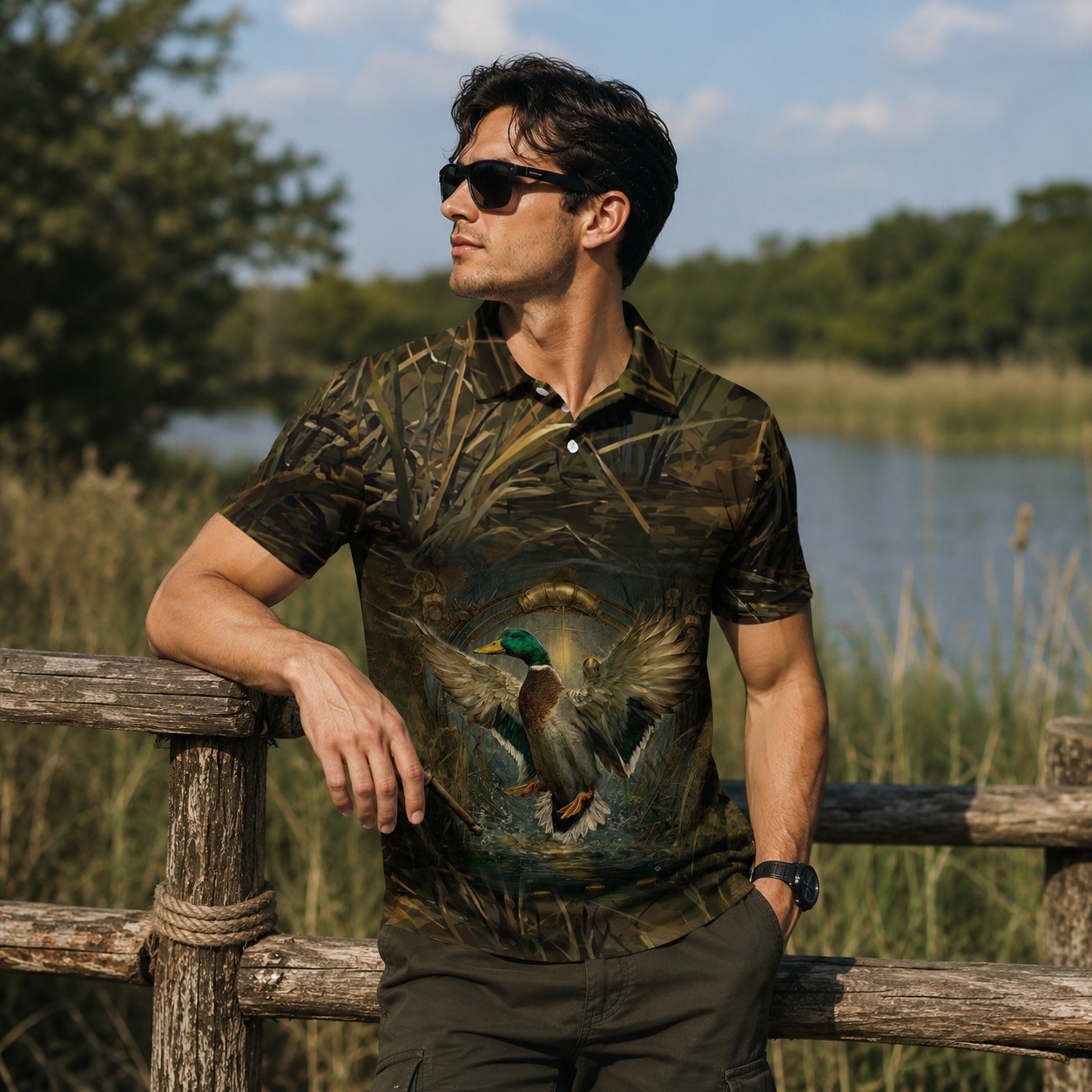 Mallard Duck Hunting Dark Camo Polo Men Shirt