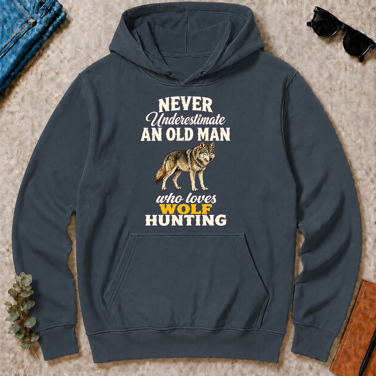 Never Underestimate An Old Man Who Loves Wolf Hunting Retro - dark-heather - HS2D-DarkHeather