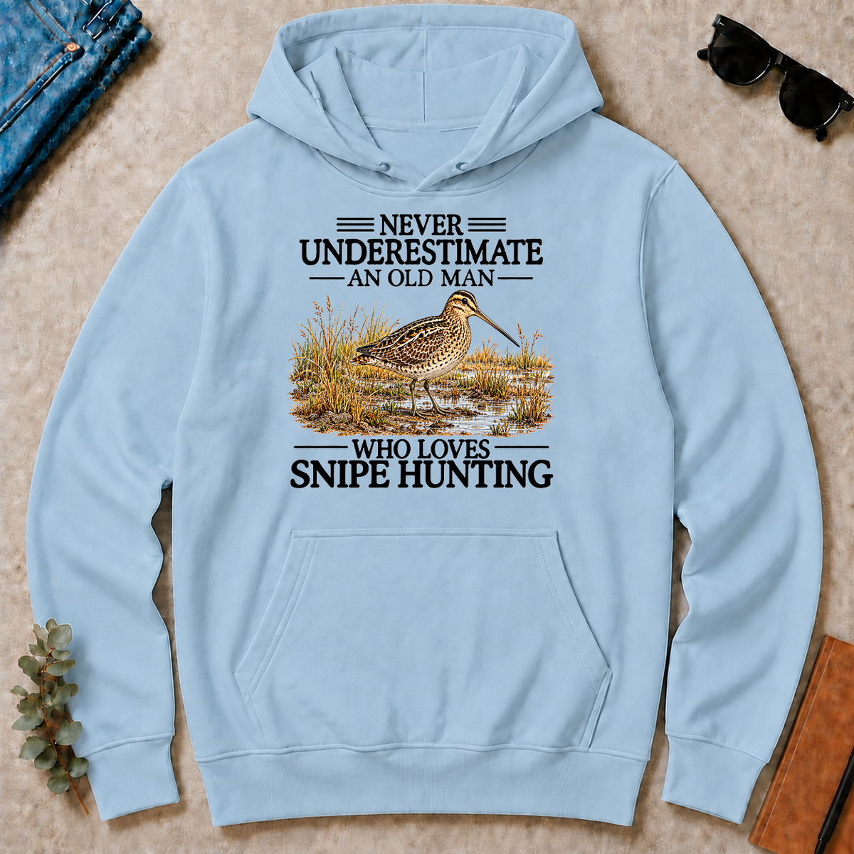 Never Underestimate An Old Man Who Loves Snipe Hunting - light-blue - HS2D-LightBlue