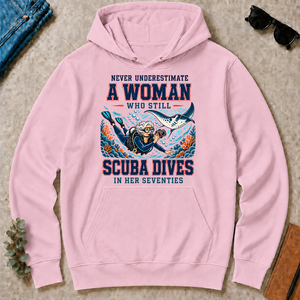 Never Underestimate A Woman Still Scuba Dives - light-pink - HS2D-LightPink