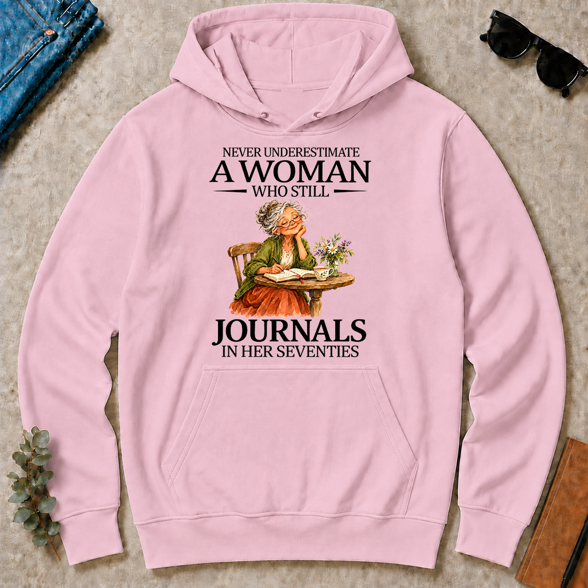 Funny A Woman Still Journals In Her Seventies - light-pink - HS2D-LightPink