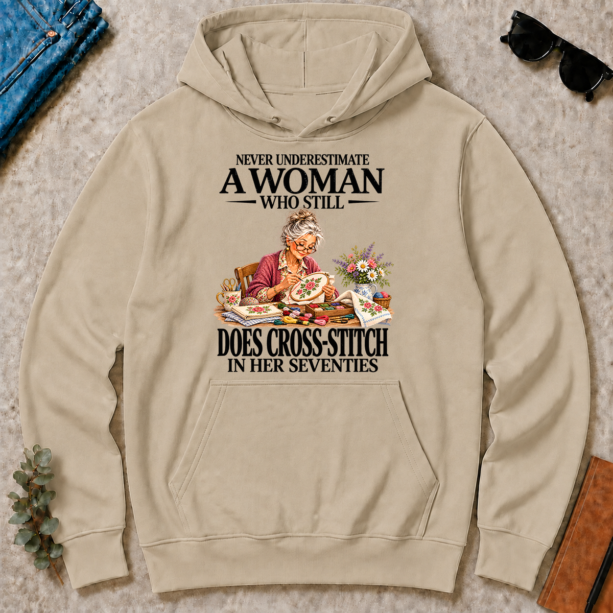Funny A Woman Still Does Cross-Stitch In Her Seventies - sand - HS2D-Sand