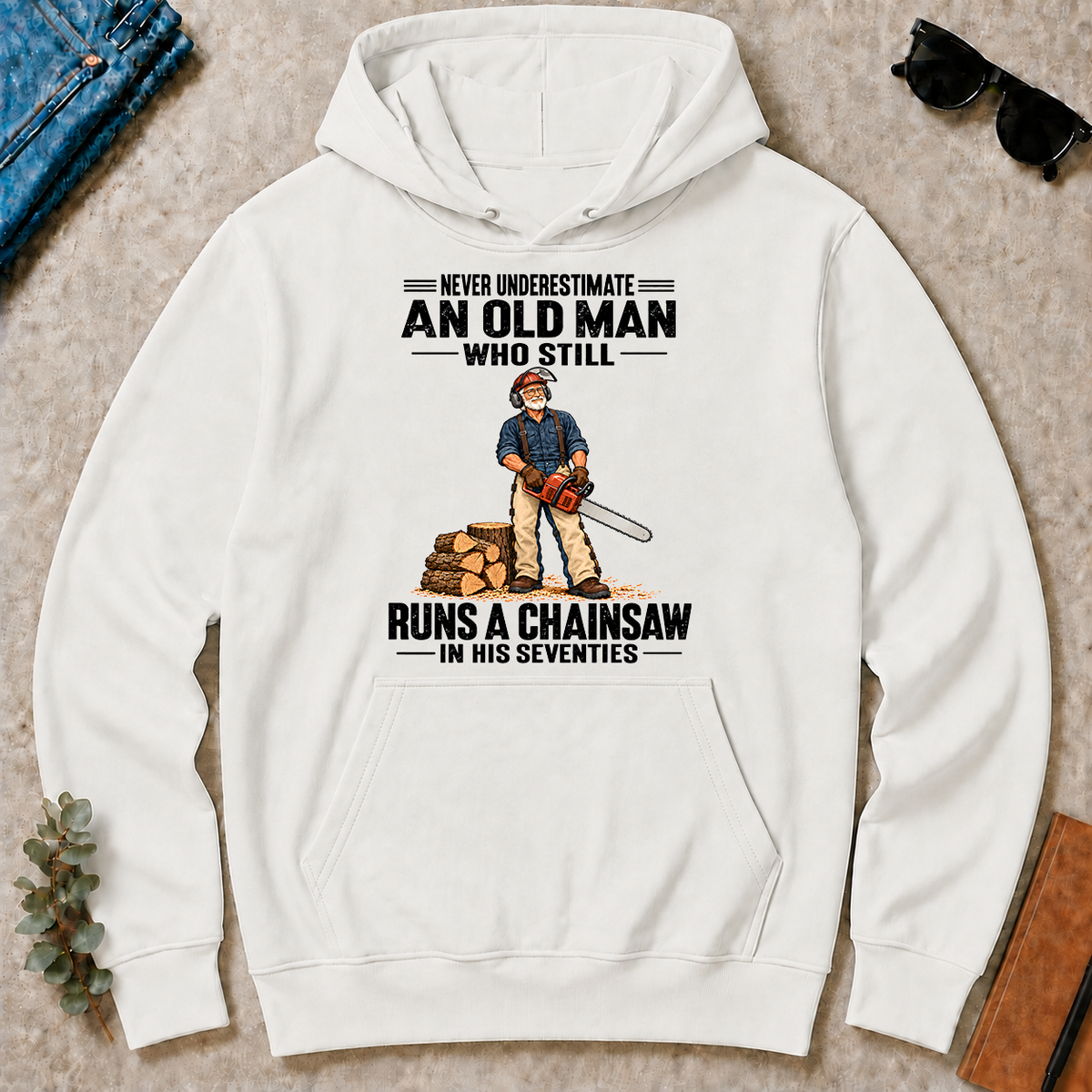 An Old Man Still Runs A Chainsaw In His 70s - white - HS2D-White