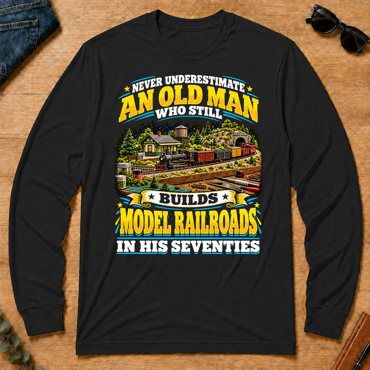 Yellow An Old Man Still Builds Model Railroads In His Seventies - black - LST2D-Black