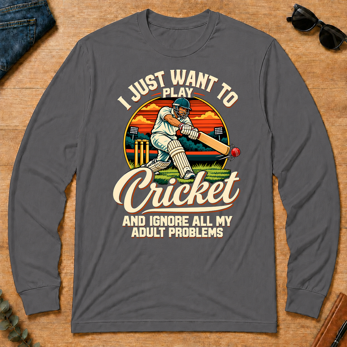 I Just Want To Play Cricket & Ignore All Adult Problems - charcoal - LST2D-Charcoal