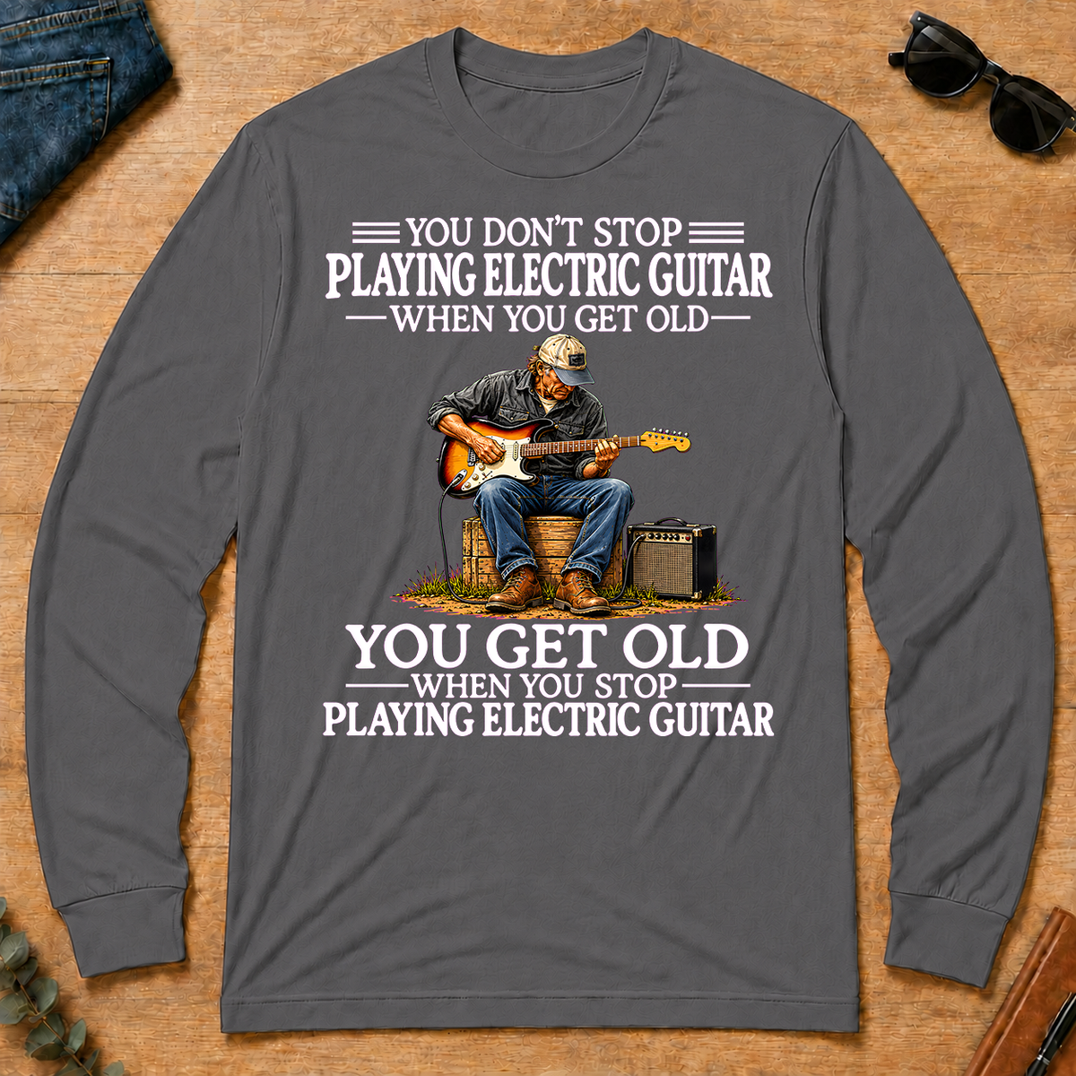 Old Man Don't Stop Playing Electric Guitar - charcoal - LST2D-Charcoal