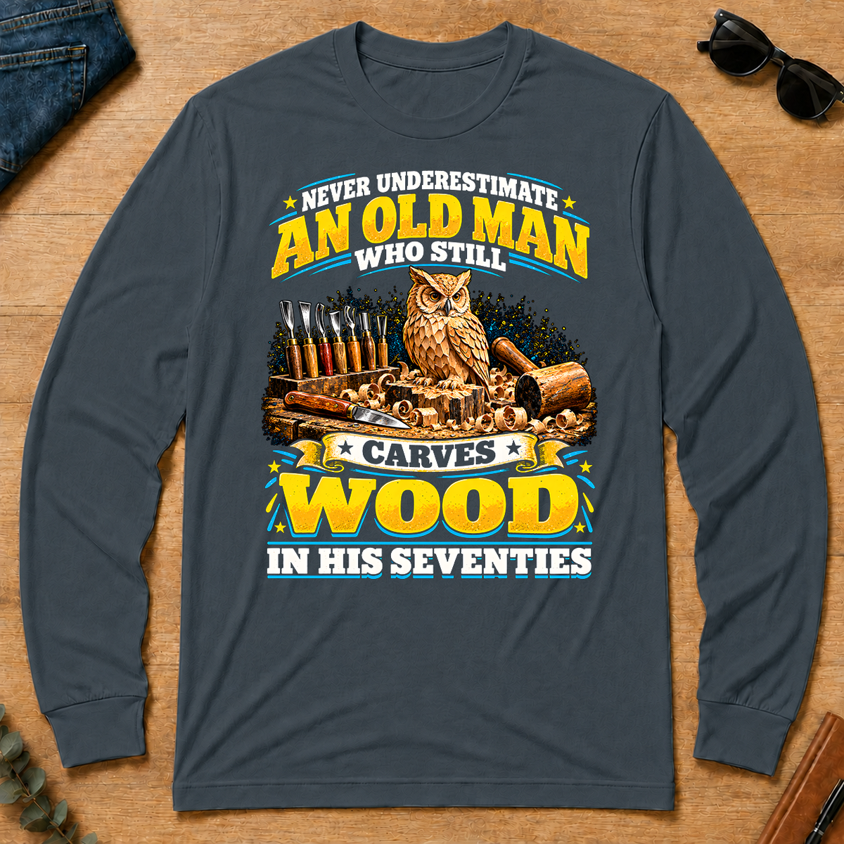 Yellow An Old Man Still Carves Wood In His Seventies - dark-heather - LST2D-DarkHeather