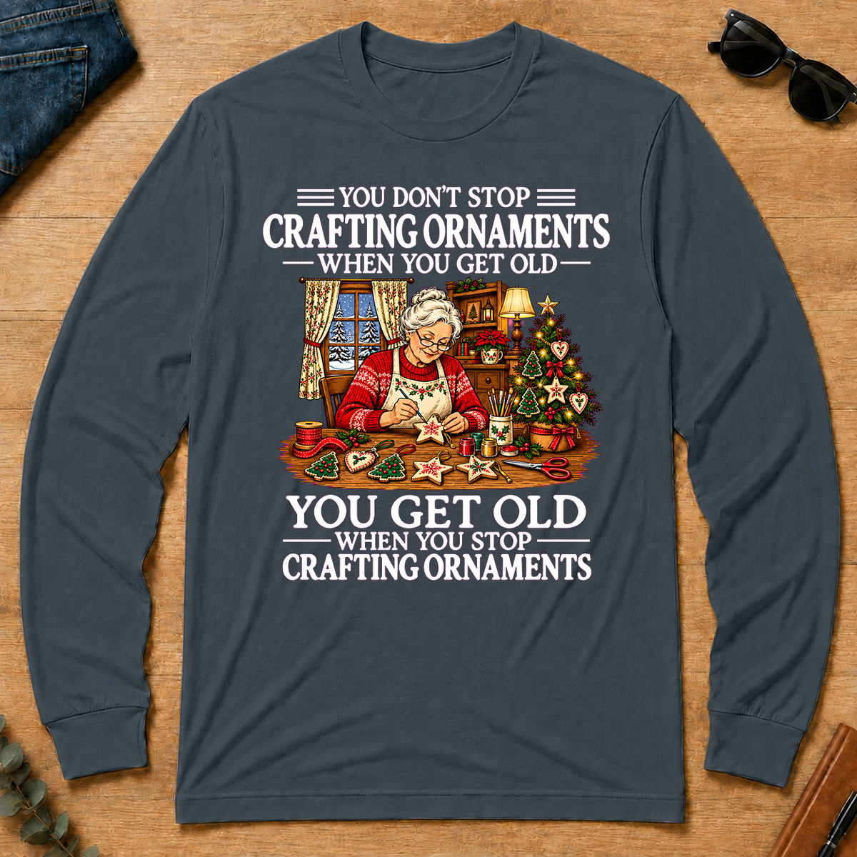 Old Woman Don't Stop Crafting Ornaments - dark-heather - LST2D-DarkHeather