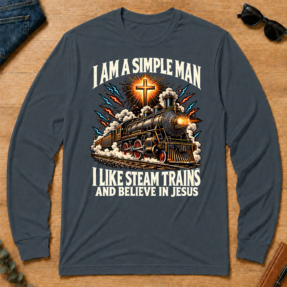 I Like Steam Trains & Believe In Jesus - dark-heather - LST2D-DarkHeather