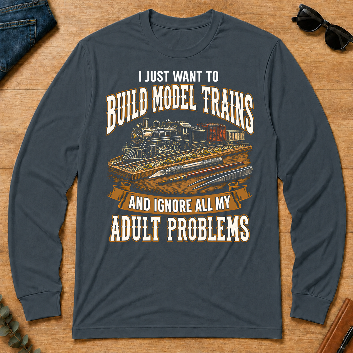 Vintage I Just Want To Build Model Trains - dark-heather - LST2D-DarkHeather