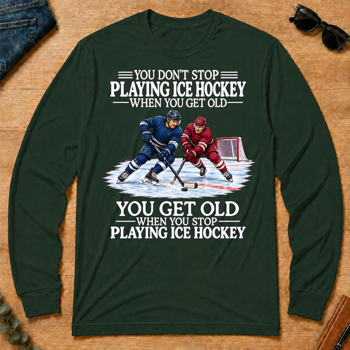 Old Man Don't Stop Ice Hockey - forest-green - LST2D-ForestGreen