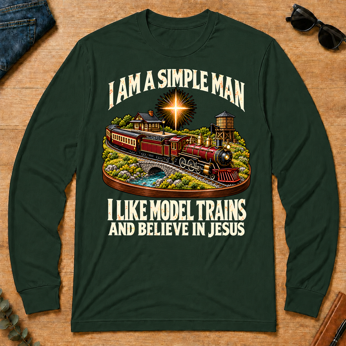 I Like Model Trains & Believe In Jesus - forest-green - LST2D-ForestGreen