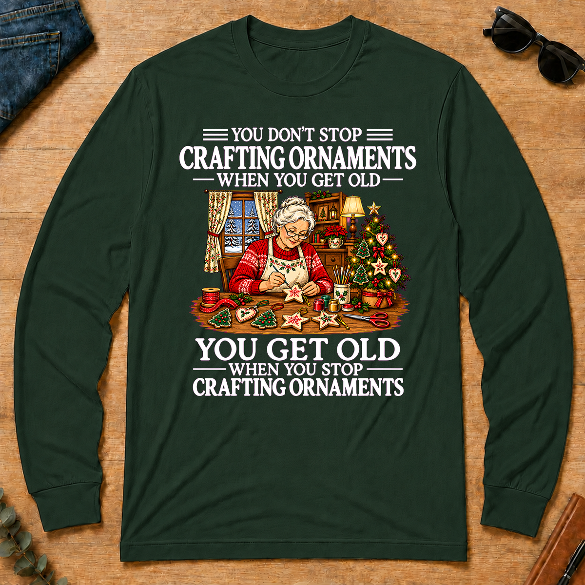 Old Woman Don't Stop Crafting Ornaments - forest-green - LST2D-ForestGreen