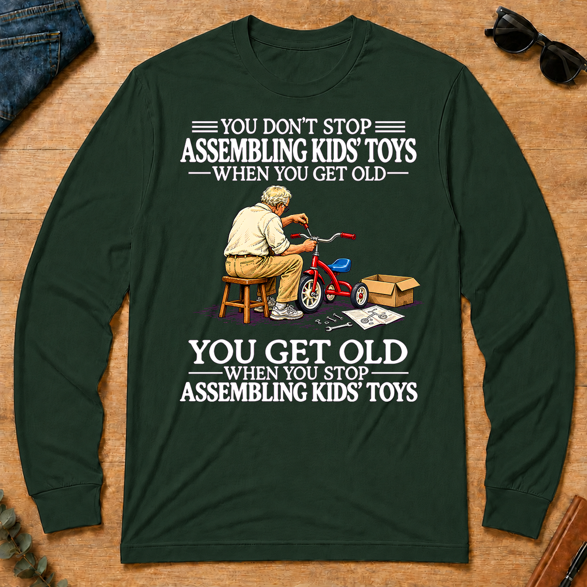 Old Man Don't Stop Assembling Kids Toys - forest-green - LST2D-ForestGreen