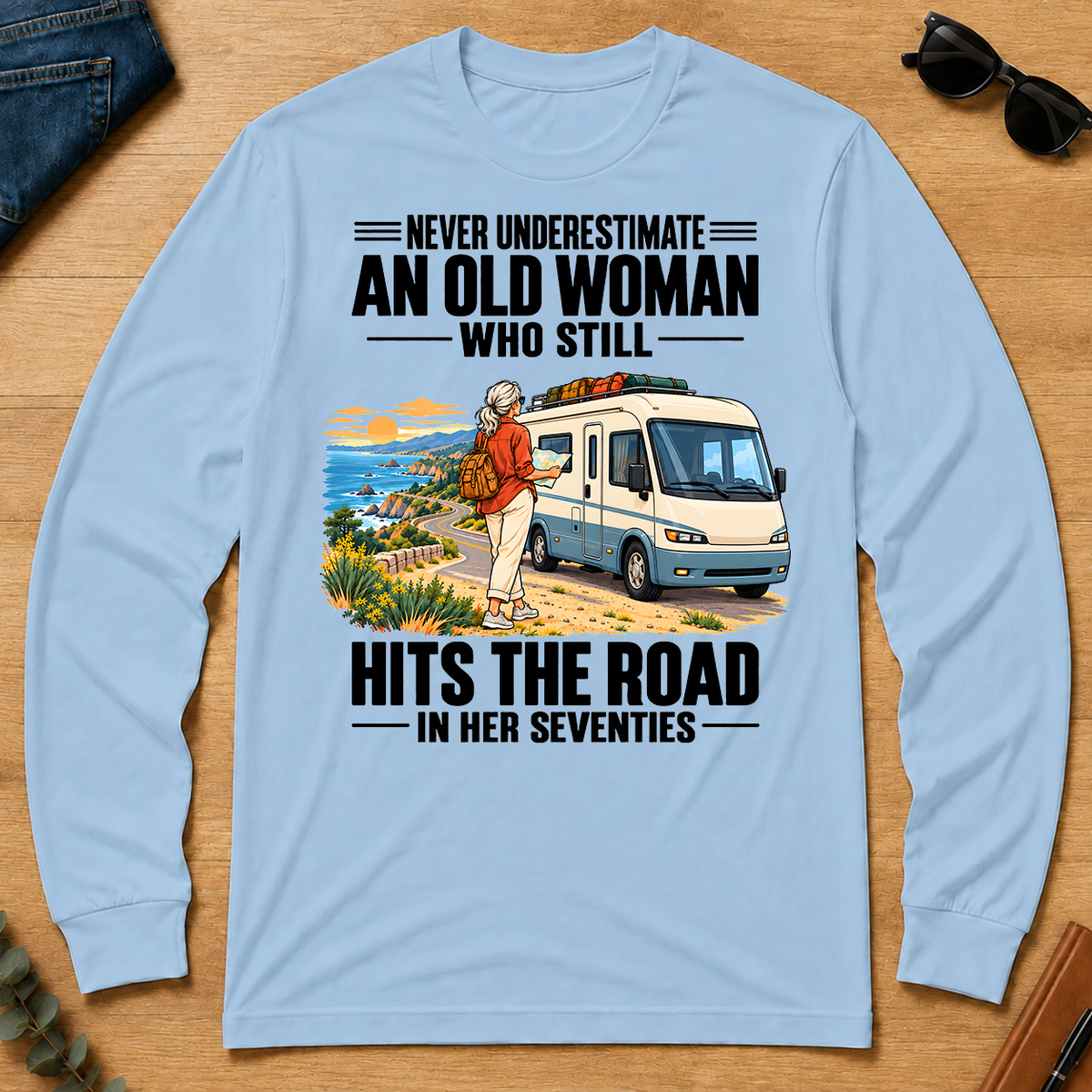 An Old Woman Still Hits The Road In Her 70s - light-blue - LST2D-LightBlue